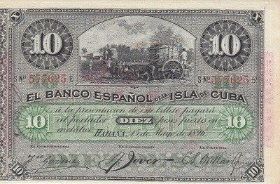 Куба. Бумажные деньги. 1896. 10 песо серебро * 100 штук. Banco Español de Cuba. Тип: 1896. (банковский вексель синий - 1896). Серия/№: . Подпись: . Catalog #. PRESS (UNC) Куба. Бумажные деньги. 1896. 10 песо серебро * 100 штук. Banco Español de Cuba. Тип: 1896. (банковский вексель синий - 1896). Серия/№: . Подпись: . Catalog #. PRESS (UNC)