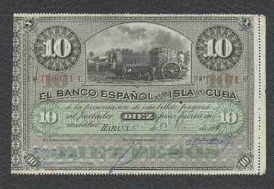 Куба. Бумажные деньги. 1896. 10 песо серебро * 100 штук. Banco Español de Cuba. Тип: 1896. (банковский вексель светлый - 1896). Серия/№: . Подпись: . Catalog #. PRESS (UNC) Куба. Бумажные деньги. 1896. 10 песо серебро * 100 штук. Banco Español de Cuba. Тип: 1896. (банковский вексель светлый - 1896). Серия/№: . Подпись: . Catalog #. PRESS (UNC)