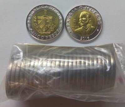 Cuba. 2017. 5 pesos - roll of 25 coins. 120th Anniversary - Death of Antonio Maceo. Type: 2016. Bi-Metallic (Ni-Steel + Brass - Steel) 4.520 g. UC#112. UNC Cuba. 2017. 5 pesos - roll of 25 coins. 120th Anniversary - Death of Antonio Maceo. Type: 2016. Bi-Metallic (Ni-Steel + Brass - Steel) 4.520 g. UC#112. UNC