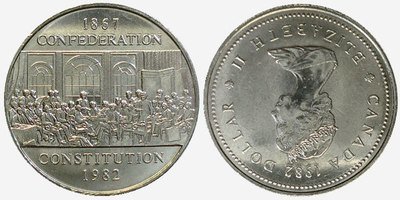 Канада. Елизавета II 1982. 1 доллар. 1867-1982. 125 лет Конституции. Отцы конфедерации. Никель 15.620 g., KM#134 Примечание: Ошибка, соосность 180°. AU Канада. Елизавета II 1982. 1 доллар. 1867-1982. 125 лет Конституции. Отцы конфедерации. Никель 15.620 g., KM#134 Примечание: Ошибка, соосность 180°. AU