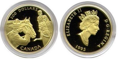 Канада. Елизавета II. 1993. 200 долларов. Королевская Канадская Конная Полиция - Национальная Гордость. 0.916 Золото 0.6 Oz., AGW 17.13 g., KM# PROOF Канада. Елизавета II. 1993. 200 долларов. Королевская Канадская Конная Полиция - Национальная Гордость. 0.916 Золото 0.6 Oz., AGW 17.13 g., KM# PROOF