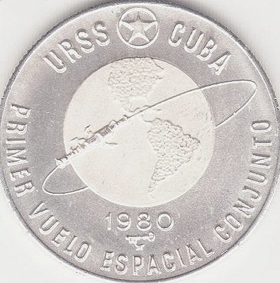 Cuba. 1980. 5 pesos. Series: First Joint Space Flight. -#1. First Soviet - Cuban Space Flight. Globe. 0.999 Silver. 0.3829 Oz ASW. 12.0g. KM#47. PROOF Cuba. 1980. 5 pesos. Series: First Joint Space Flight. -#1. First Soviet - Cuban Space Flight. Globe. 0.999 Silver. 0.3829 Oz ASW. 12.0g. KM#47. PROOF