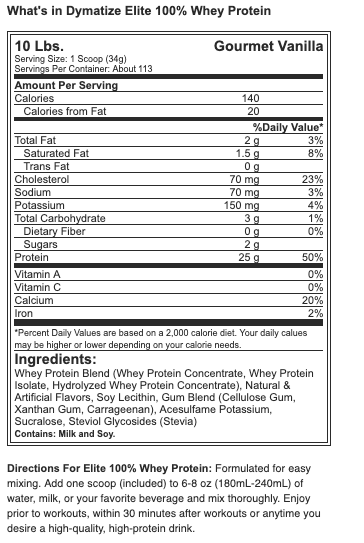 Dymatize Elite 100% Whey Protein - 10 lbs