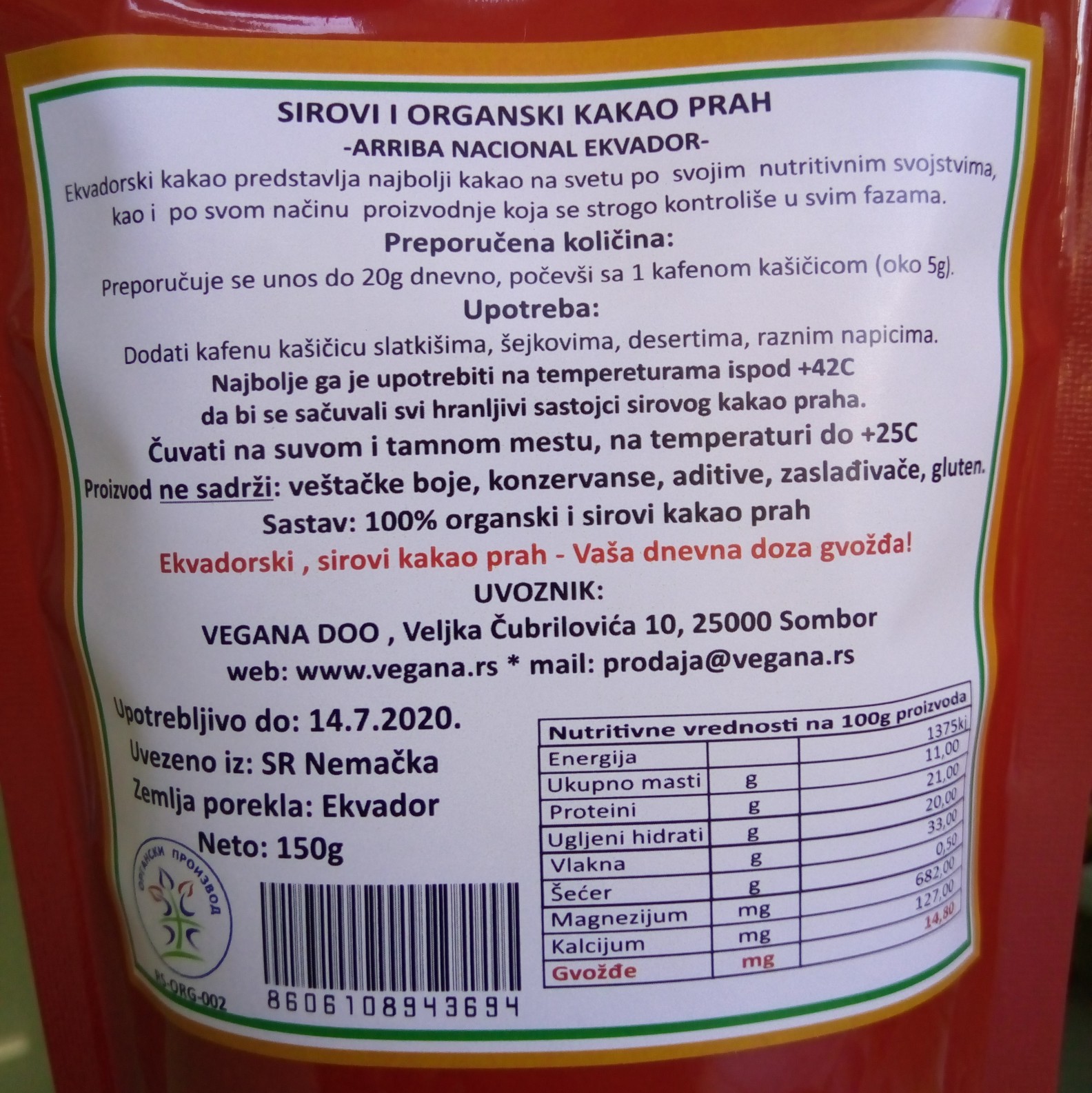 Vegana Kakao prah (sirovi, organski) - 150g