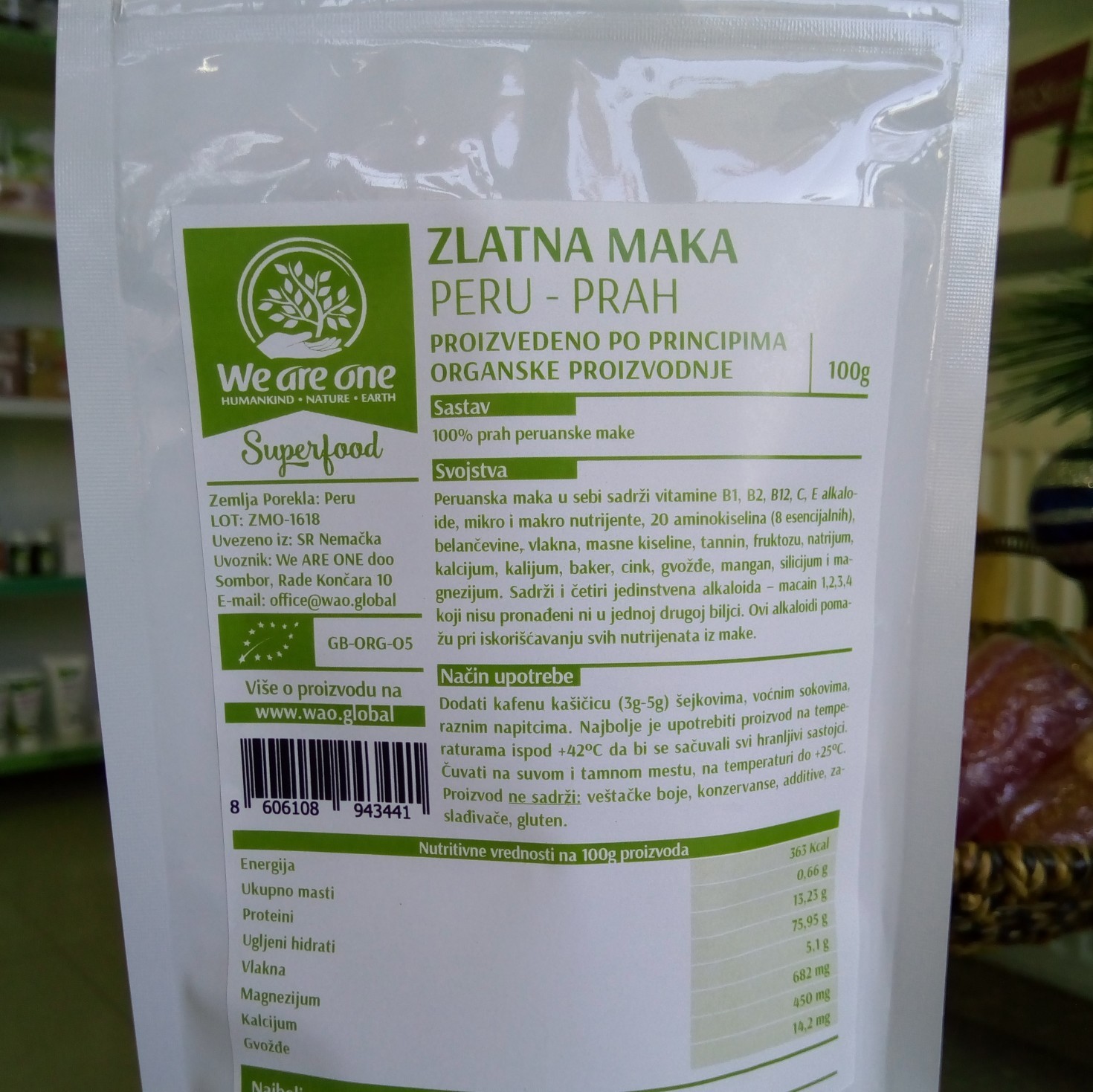 WAO Zlatna maka (organska, sirova) - prah 100 g