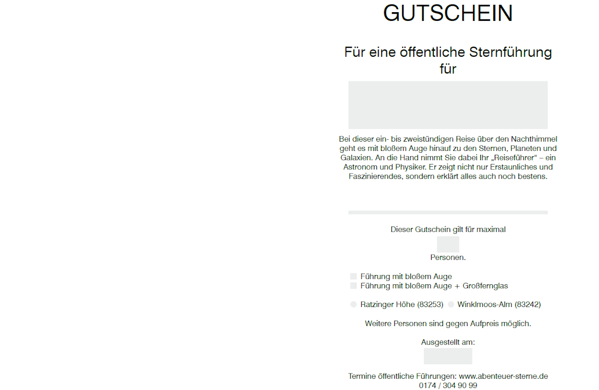 Gutschein öffentl. Sternführung mit bloßem Auge (auf der Ratzinger Höhe)