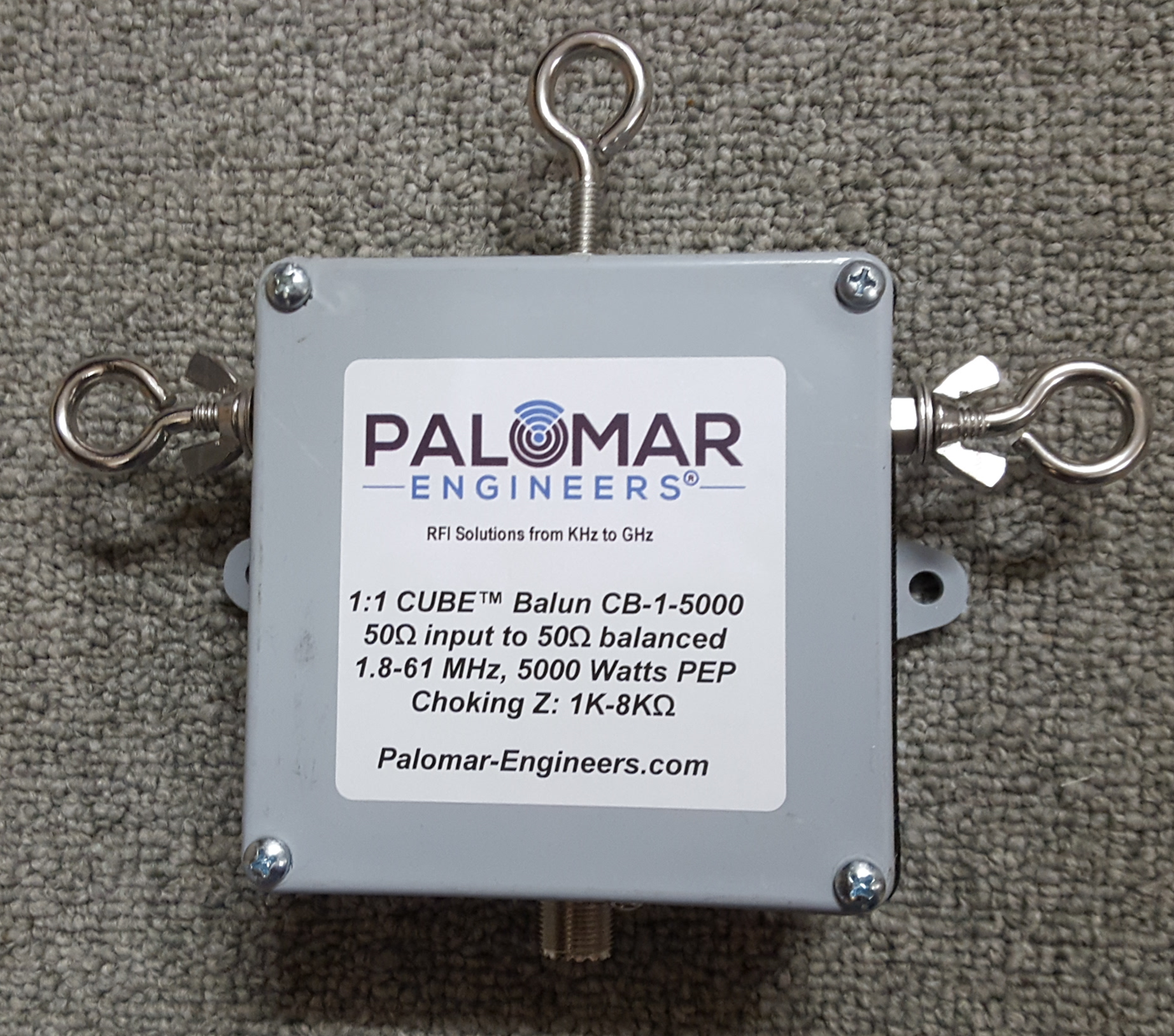 CUBE Feed Line Choke Balun, 5KW, 1.8-61 MHz Eyebolts/Top Studs Dipole CB-1-5000 CUBE Feed Line Choke Balun, 5KW, 1.8-61 MHz Eyebolts/Top Studs Dipole CB-1-5000