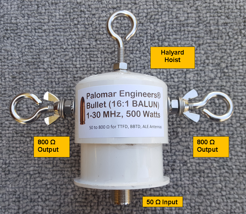 Bullet 50:800 (16:1) HF Balun, 1-31 MHz, 500 Watts, T2FD, BBTD, ALE Bullet-16B Bullet 50:800 (16:1) HF Balun, 1-31 MHz, 500 Watts, T2FD, BBTD, ALE Bullet-16B