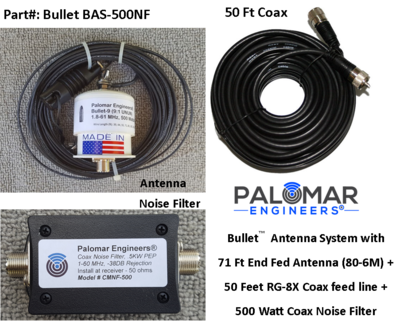 Bullet End Fed Antenna System - 71' Antenna (80-6 meters), 50' Coax + Super Noise Filter, Counterpoise Kit - FREE Ship - 500 Watt PEP Bullet End Fed Antenna System - 71' Antenna (80-6 meters), 50' Coax + Super Noise Filter, Counterpoise Kit - FREE Ship - 500 Watt PEP