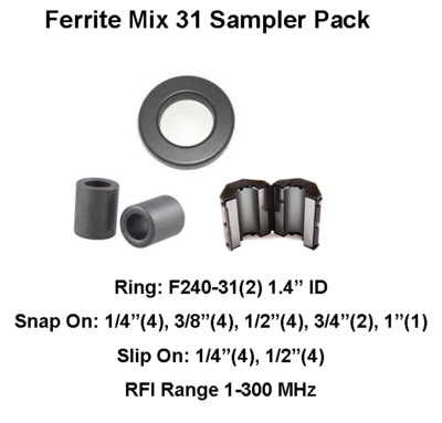 Ferrite Sampler Pack, Mix 31, RFI Range 1-300 MHz - 25 filters Ferrite Sampler Pack, Mix 31, RFI Range 1-300 MHz - 25 filters