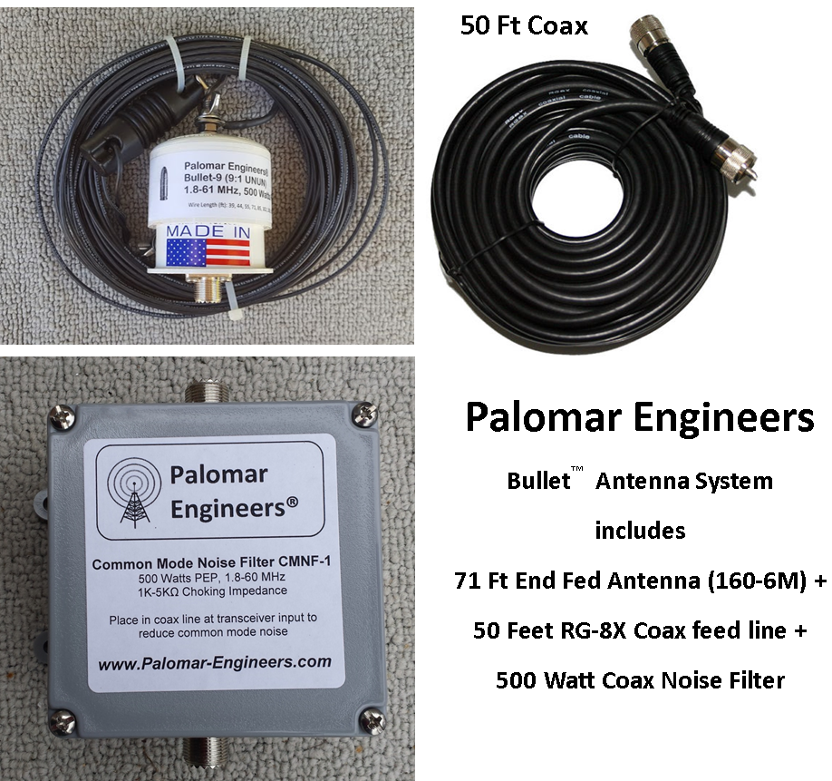 Bullet End Fed Antenna System - 71' Antenna (80-6 meters), 50' Coax + Super Noise Filter, Counterpoise Kit - FREE Ship - 500 Watt PEP BAS-500NF Bullet End Fed Antenna System - 71' Antenna (80-6 meters), 50' Coax + Super Noise Filter, Counterpoise Kit - FREE Ship - 500 Watt PEP BAS-500NF