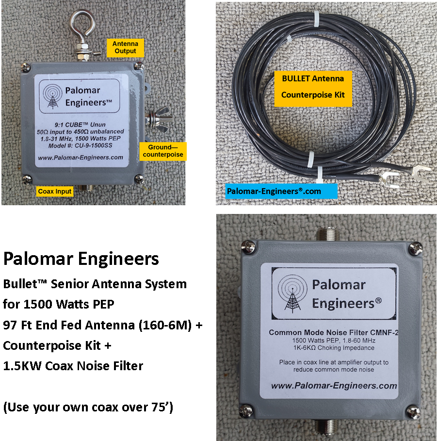 Bullet End Fed Senior Antenna System - 97' Antenna (160-6 meters), Coax Noise Filter, Counterpoise Kit - FREE Ship - 1500 Watt PEP BAS-1500 Bullet End Fed Senior Antenna System - 97' Antenna (160-6 meters), Coax Noise Filter, Counterpoise Kit - FREE Ship - 1500 Watt PEP BAS-1500