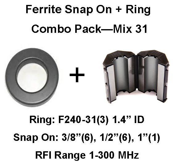 Ferrite Snap on/Ring Combo Pack, Mix 31, RFI Range 1-300 MHz - 16 filters FSRCP-31 Ferrite Snap on/Ring Combo Pack, Mix 31, RFI Range 1-300 MHz - 16 filters FSRCP-31
