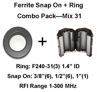 Ferrite Snap on/Ring Combo Pack, Mix 31, RFI Range 1-300 MHz - 16 filters Ferrite Snap on/Ring Combo Pack, Mix 31, RFI Range 1-300 MHz - 16 filters