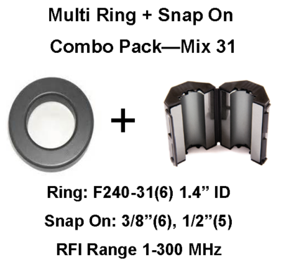 RV/Trailer Multi-Ring/Multi-Snap On Combo Pack, Mix 31, RFI Range 1-300 MHz - 17 filters RV/Trailer Multi-Ring/Multi-Snap On Combo Pack, Mix 31, RFI Range 1-300 MHz - 17 filters