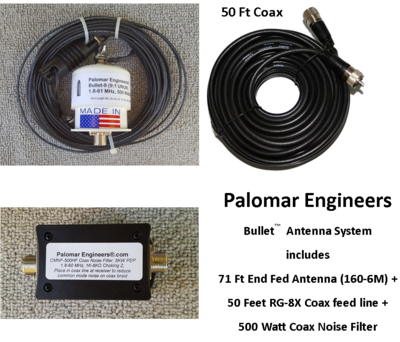 Bullet End Fed Antenna System - 71' Antenna (80-6 meters), 50' Coax + Super Noise Filter, Counterpoise Kit - FREE Ship - 500 Watt PEP Bullet End Fed Antenna System - 71' Antenna (80-6 meters), 50' Coax + Super Noise Filter, Counterpoise Kit - FREE Ship - 500 Watt PEP