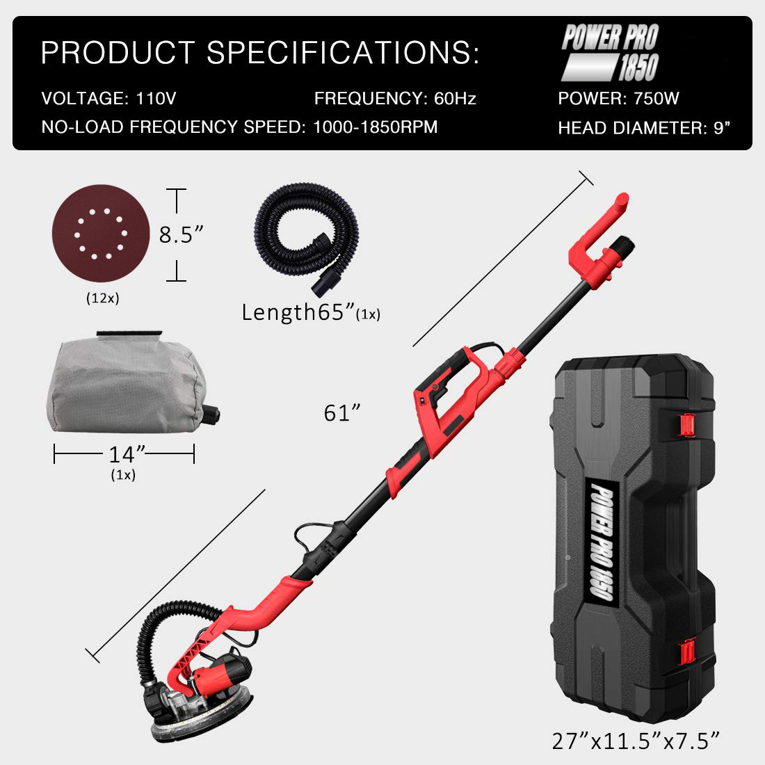 POWER PRO 1850 Foldable 750W Electric Variable Speed Drywall Sander