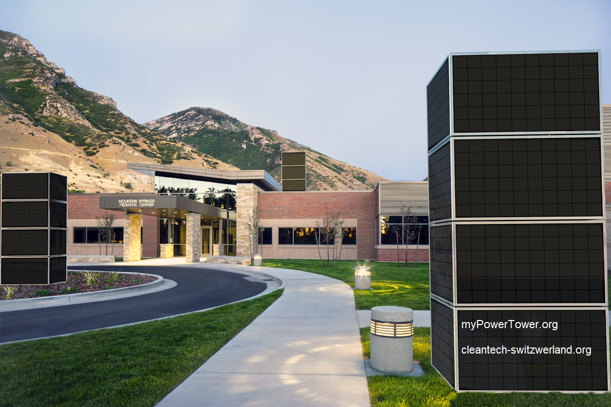 myPowerTower.org by cleantech-shop.org in front and on top of a children clinic building with silver solarpannels