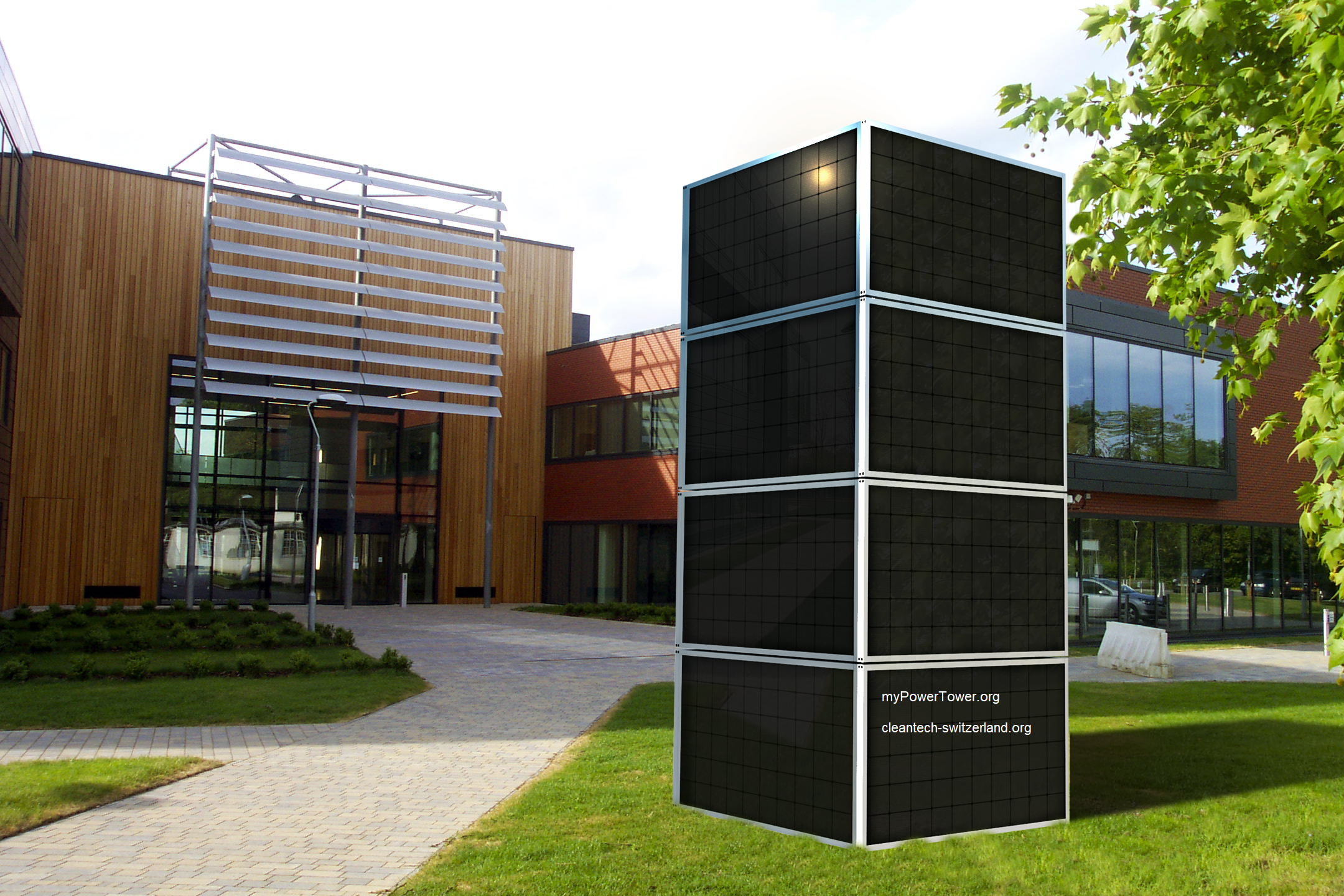 myPowerTower.org by cleantech-shop.org in front of a company with silver solarpannels