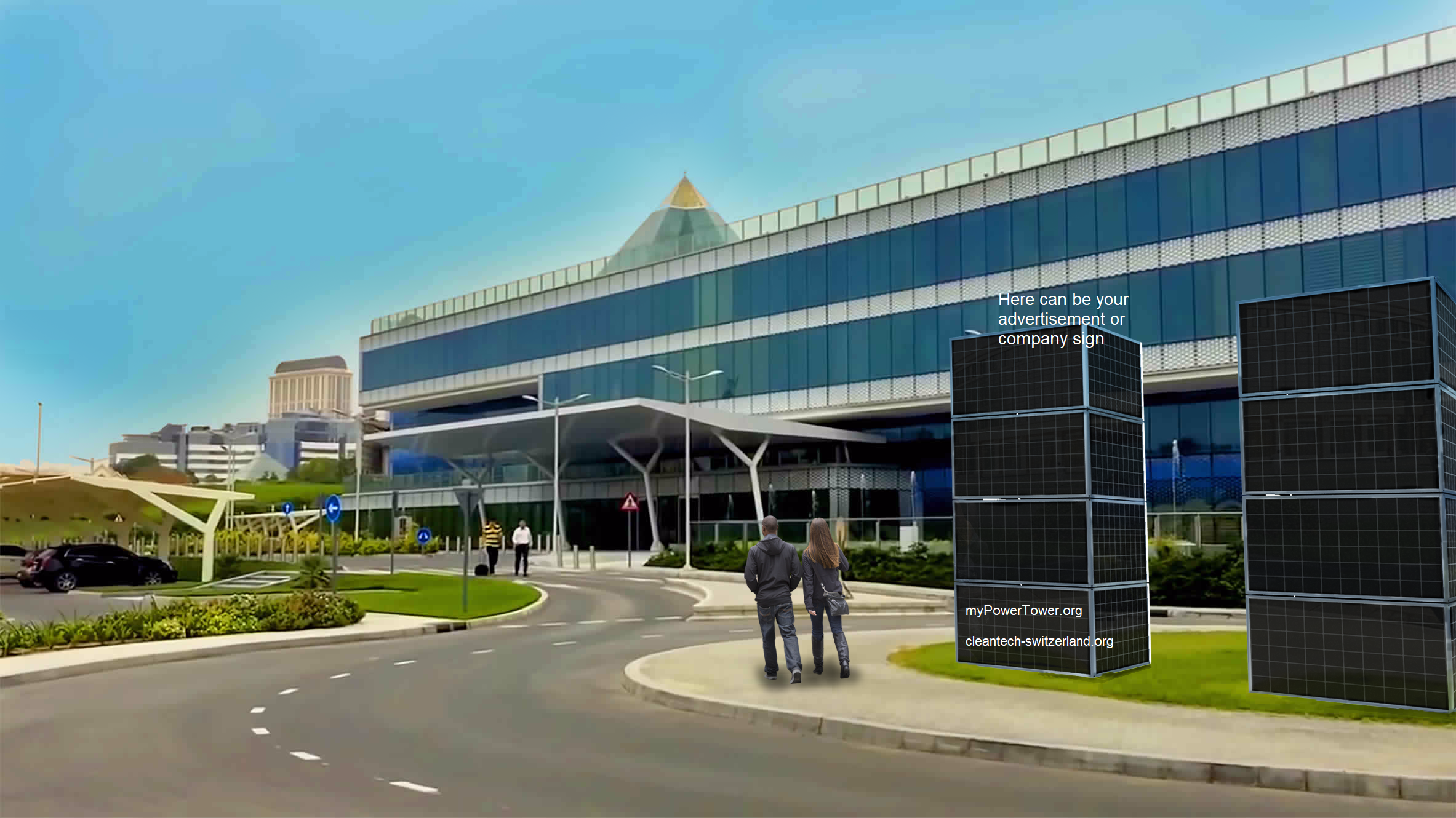 myPowerTower.org by cleantech-shop.org in front of a shoping center building with silver solarpannels