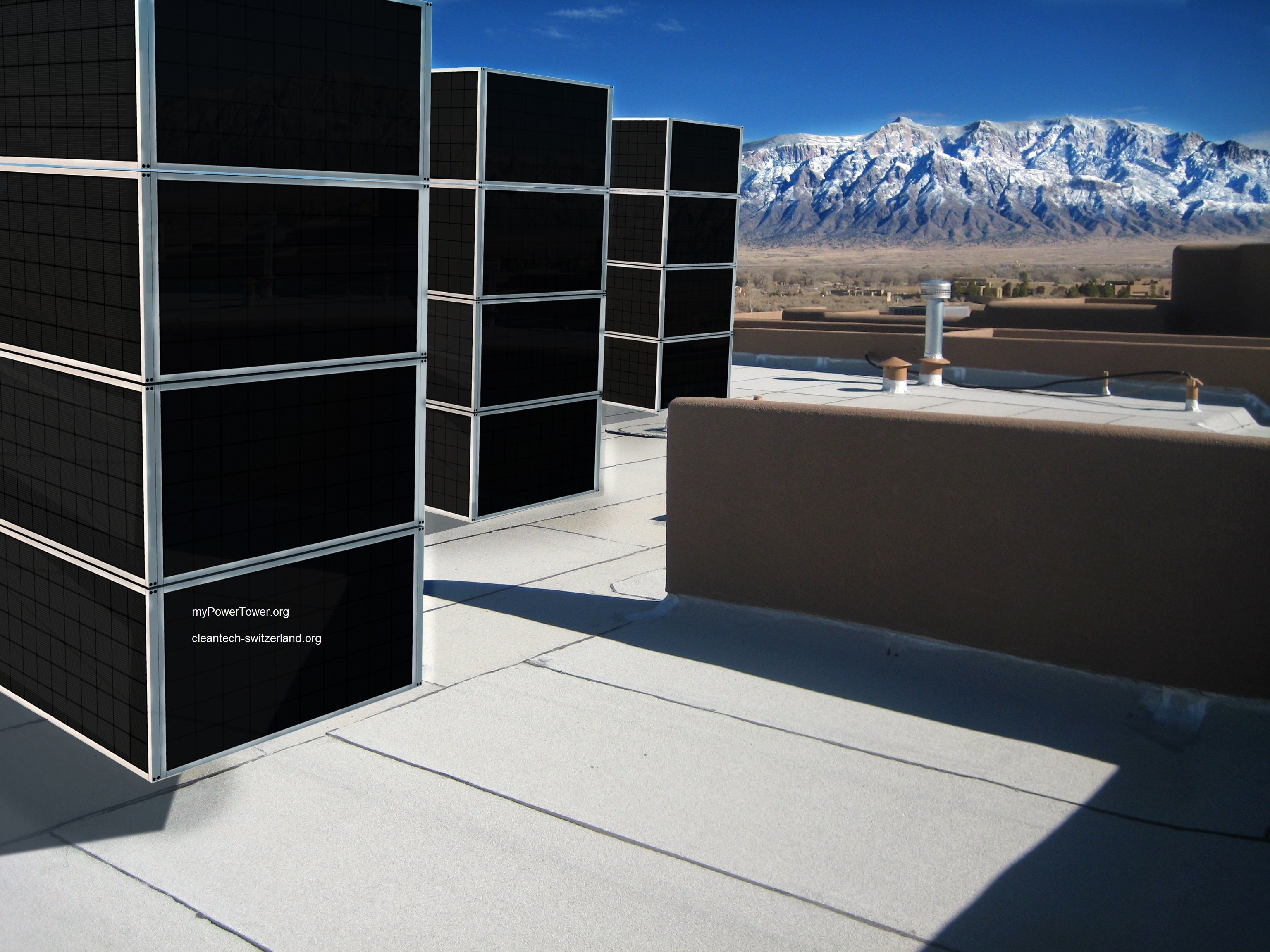 myPowerTower.org by cleantech-shop.org some on the roof of a building with silver solarpannels