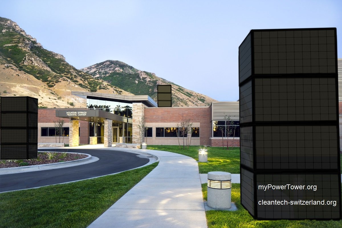 myPowerTower.org by cleantech-shop.org in front and on top of a children clinic building with black solarpannels