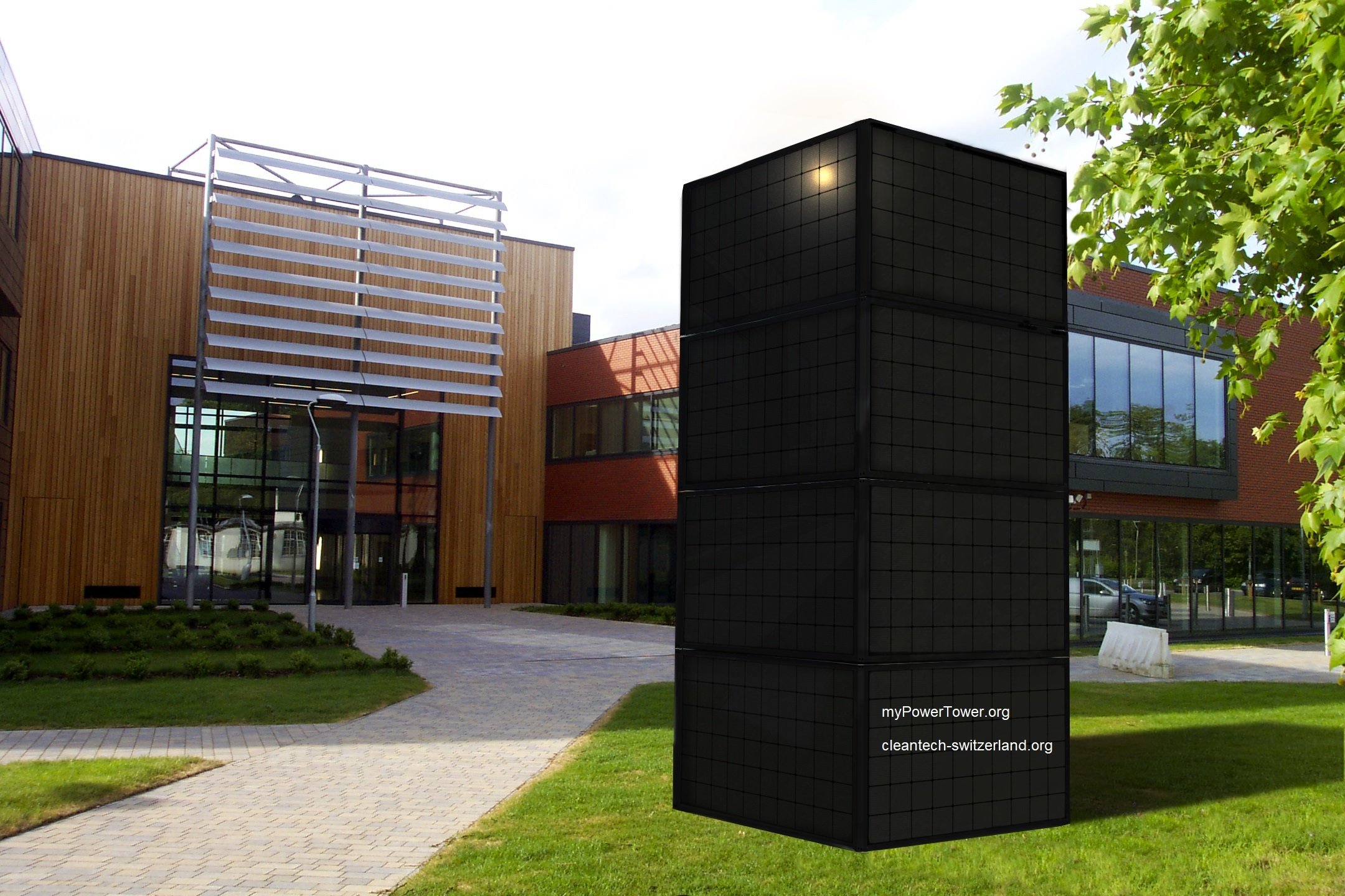 myPowerTower.org by cleantech-shop.org in front of a company with black solarpannels