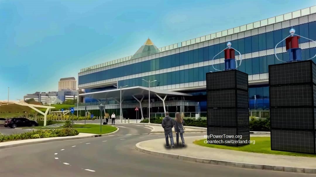 myPowerTower.org by cleantech-shop.org in front of a shoping center building with black solarpannels and wind-system