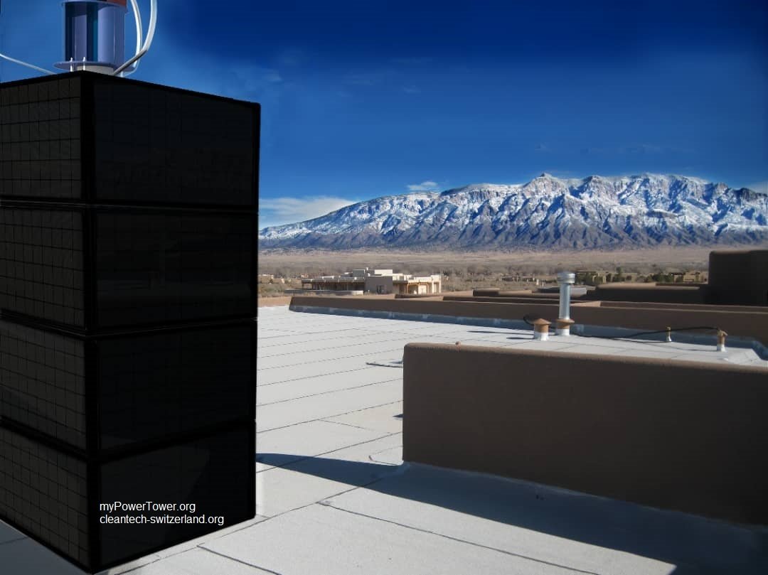 myPowerTower.org by cleantech-shop.org on the roof of a building with black solarpannels and wind-system
