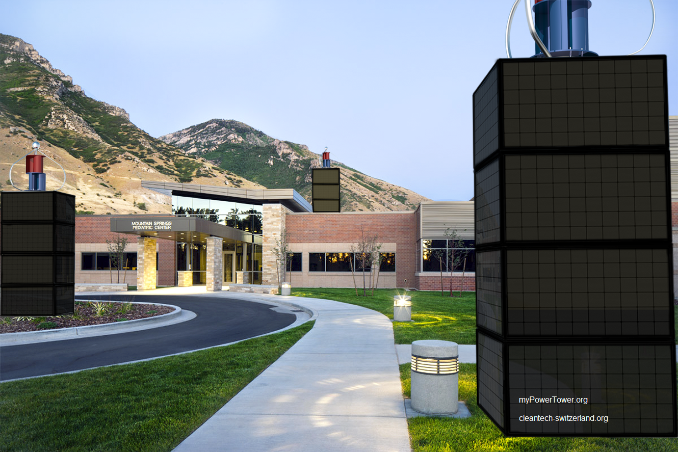 myPowerTower.org by cleantech-shop.org in front and on top of a children clinic building with black solarpannels and wind-system