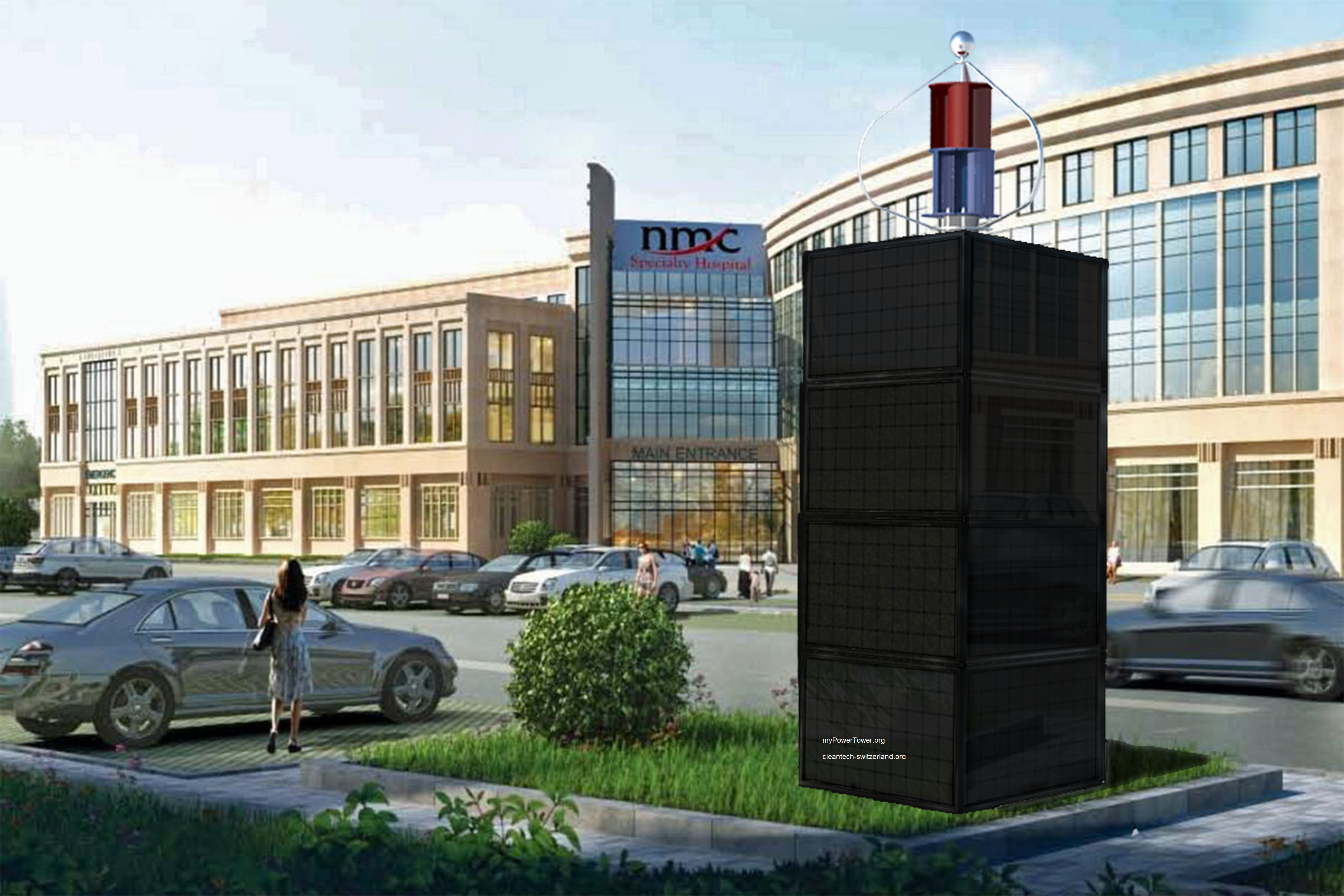 myPowerTower.org by cleantech-shop.org in front of a hospital with black solarpannels and wind-system