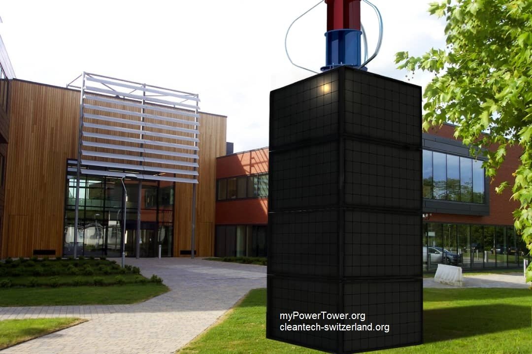 myPowerTower.org by cleantech-shop.org in front of a company with black solarpannels and wind-system