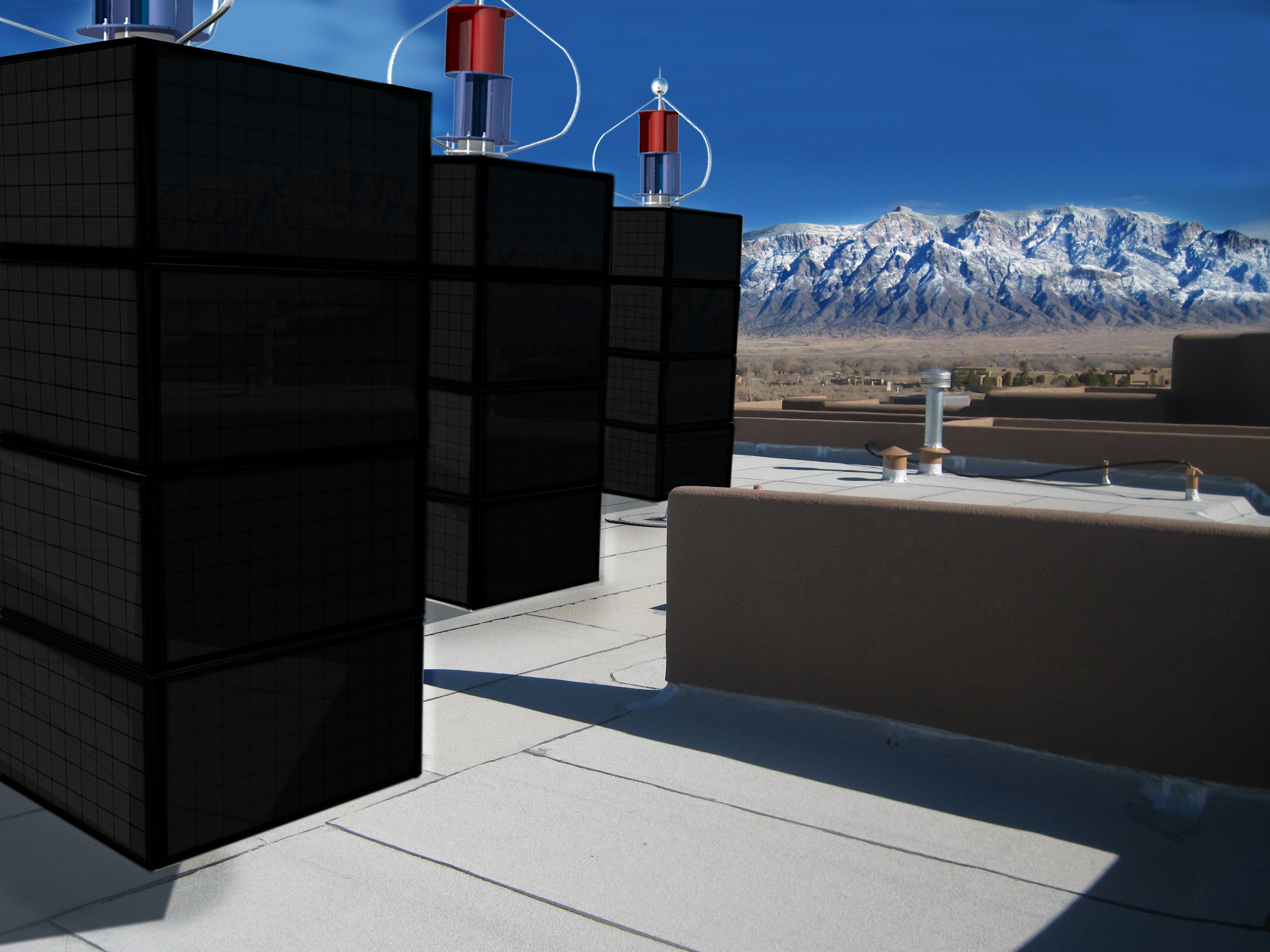 myPowerTower.org by cleantech-shop.org some on the roof of a building with black solarpannels and wind-system