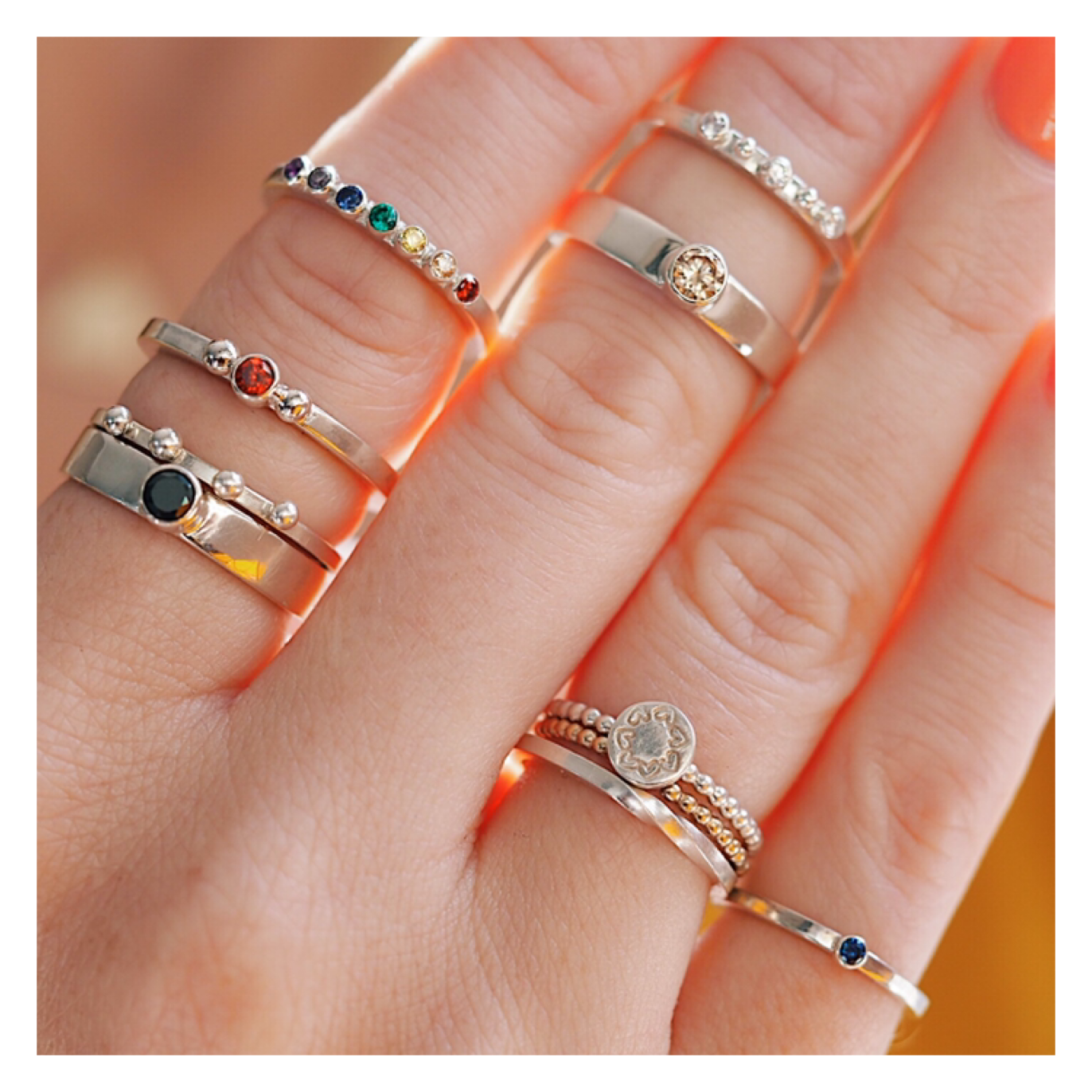 Sterling Silver Rainbow Gem Ring (2mm Gems)