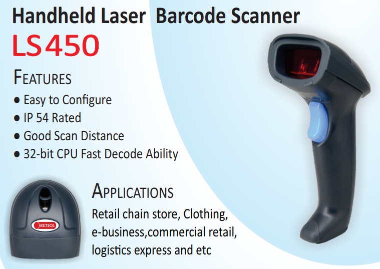 Retsol LS450 1D Handheld Laser Barcode Scanner