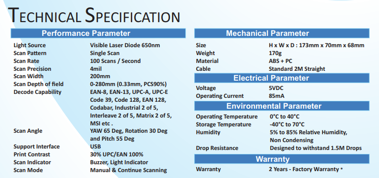 Retsol LS450 1D Handheld Laser Barcode Scanner