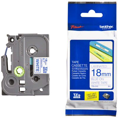 Brother Tze-243 Blue on White 18mm X 8mtrs Label Tape Brother Tze-243 Blue on White 18mm X 8mtrs Label Tape