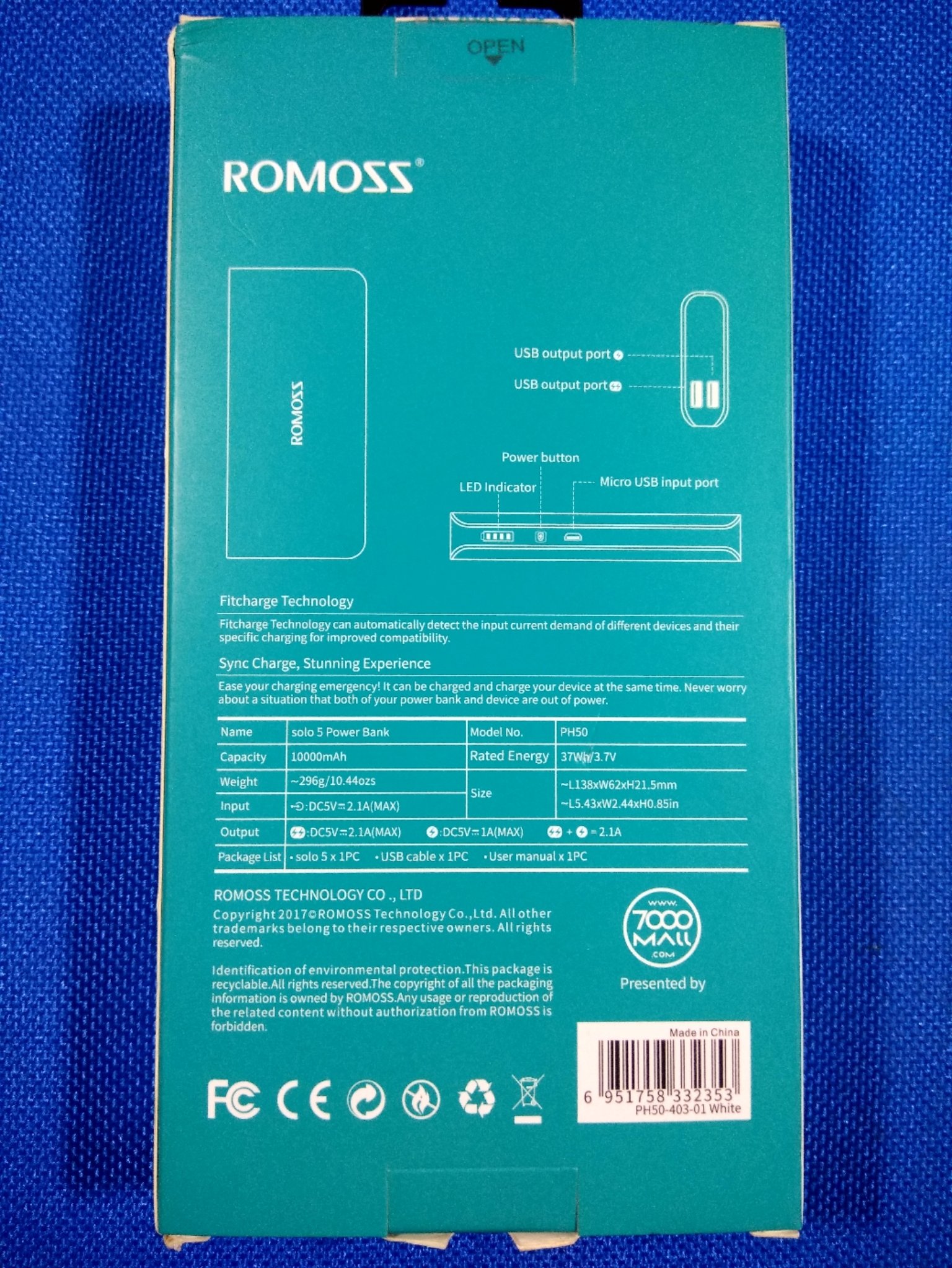 Romoss 10,000 mAh Power Bank (PH50|Solo-5)