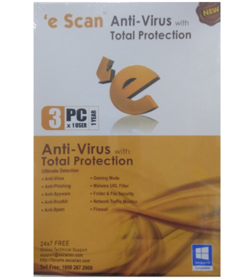 3 User, 1 Year, eScan Anti-Virus with Total Protection, V-11.x 3 User, 1 Year, eScan Anti-Virus with Total Protection, V-11.x