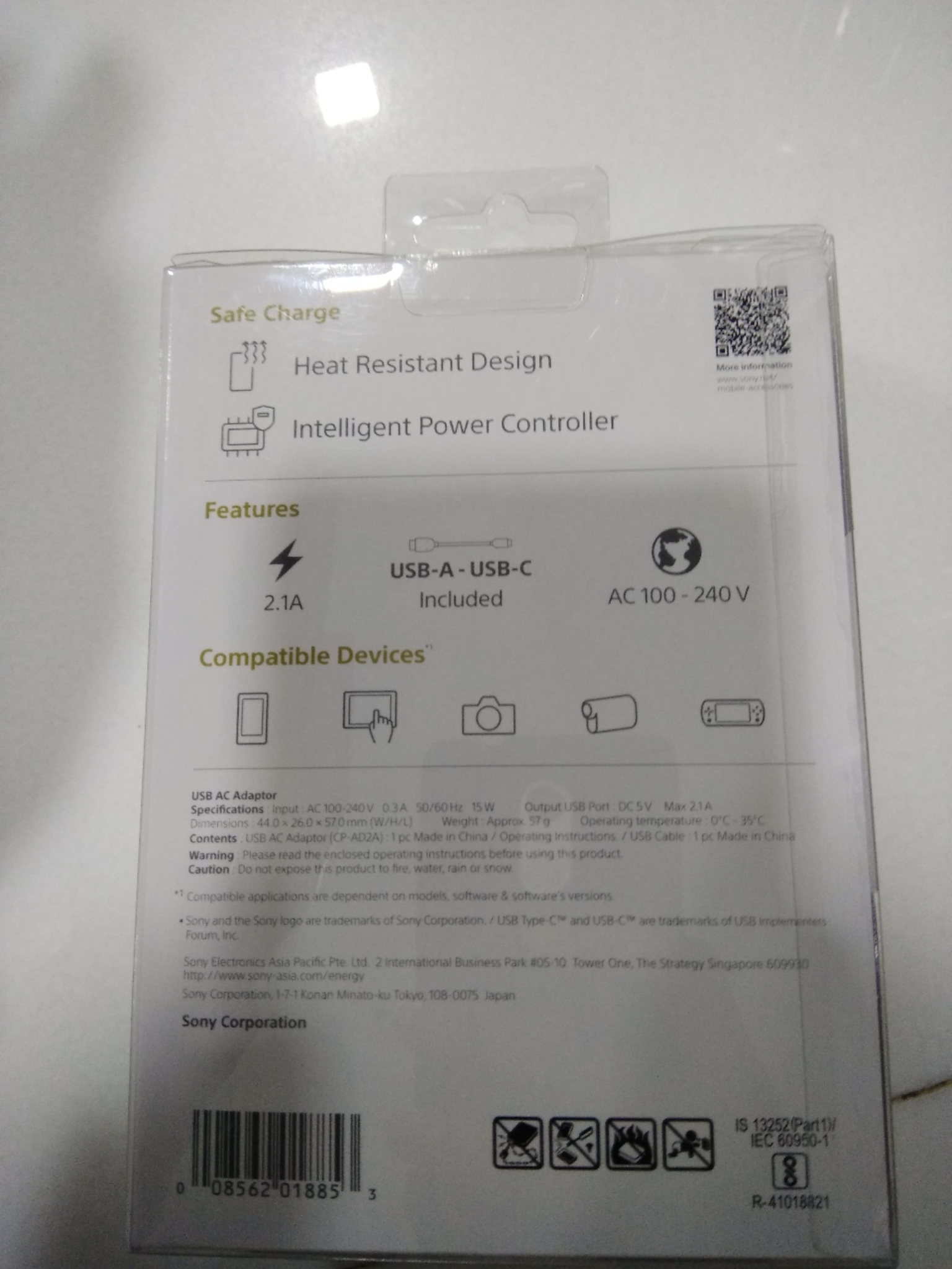 Sony USB Mobile Charger, 1 Port, 2.1 A, Black