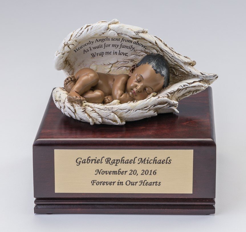 Baby in Wings on Cherry Wood Urn (dark skin tone) U-BOB-BK 636225539430