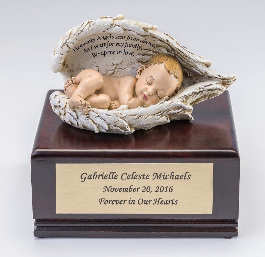 Baby in Wings on Cherry Wood Urn (light skin tone) U-BOB-WH 636225539416