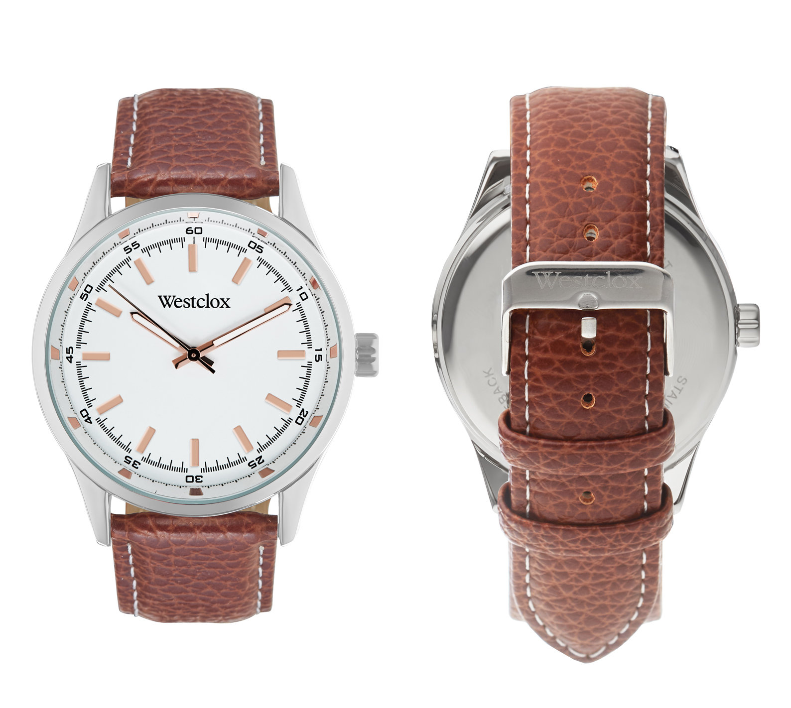 Westclox Watch with Genuine Brown Leather Band and Rose Gold Accents 51000