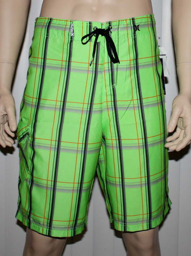 Hurley PUERTO RICO Men's Green/Black/Gray/Orange Plaid Swim Board Shorts 08270