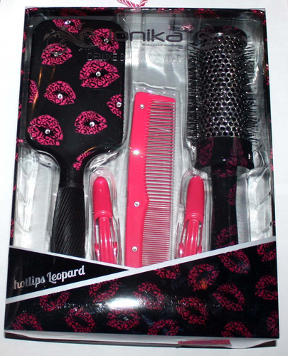IONIKA HOTLIPS LEOPARD Paddle & Barrel Brush, Wet Comb & 2 Clips Deluxe Kit 05125