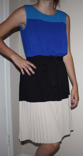 Calvin Klein Women's Blues, Black and Beige Pleated Belted Dress (Size 2) 03810