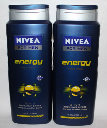 Lot Of 2 NIVEA FOR MEN Energy 3 In 1 Body, Hair & Face Wash 16.9 oz Each 03768
