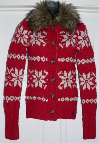 Abercrombie Kids Girl's Winter Red Snowflake Fur Collar Cardigan Sweater (X-Large) *Reduced* 01161
