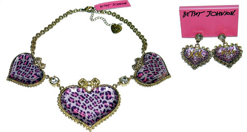 Betsey Johnson Leopard Heart Rhinestone XOX KISS Dangle Earrings & Necklace *Reduced* 00867