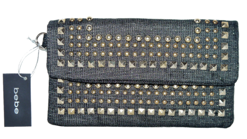 BEBE Black & Gold Studded Linen Wrislet Clutch Purse 00103